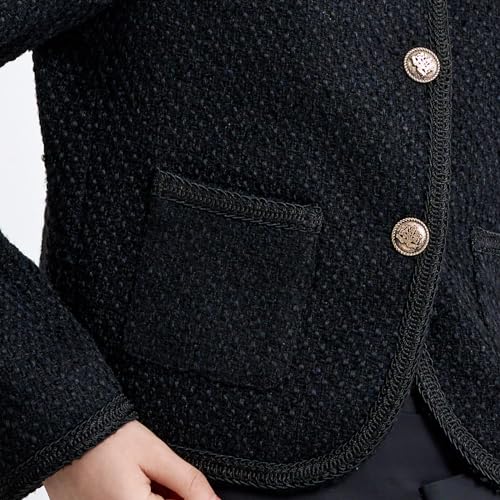 URBAN REVIVO Tweed Casual Blazer Jacket for Women Cropped Crew Open Front Gold Button Blazer Office