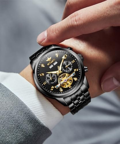 OUPINKE, relojes automáticos para hombre, vestido de lujo con diamantes, reloj de pulsera mecánico resistente al agua de acero de tungsteno con doble fecha 