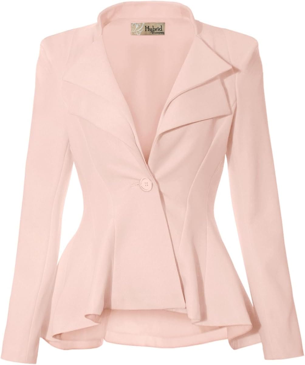 Hybrid & Company Women's Casual Work Office Dressy Double Notch Lapel Sharp Shoulder Pad Single Button Peplum Comfy Blazer