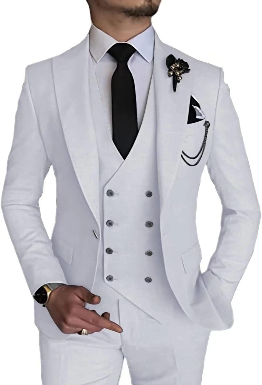 Wangyue Men's Suit Slim Fit 3 Piece Suit Double Breasted Suit One Button Formal Wedding Prom Suits