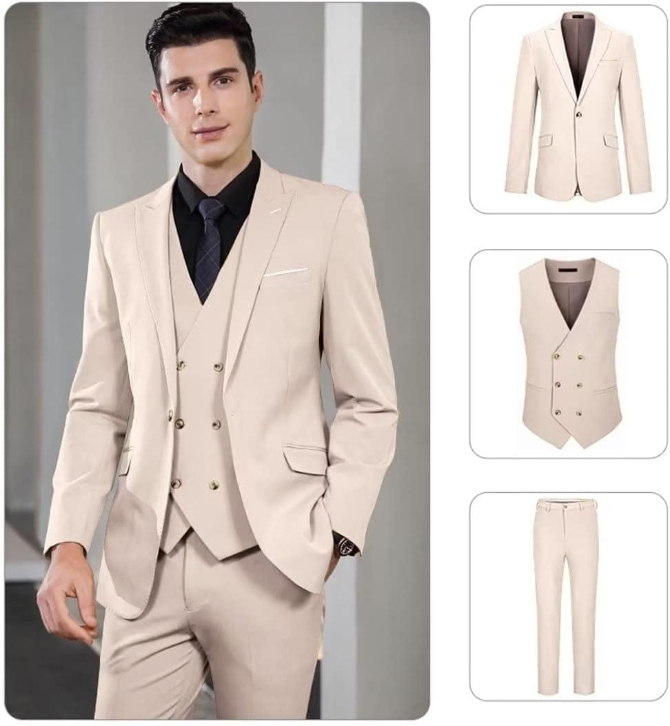 Wangyue Men's Suit Slim Fit 3 Piece Suit Double Breasted Suit One Button Formal Wedding Prom Suits