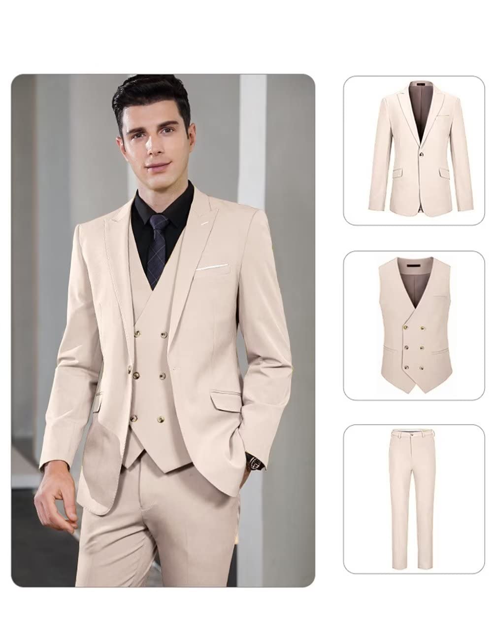 Wangyue Men's Suit Slim Fit 3 Piece Suit Double Breasted Suit One Button Formal Wedding Prom Suits