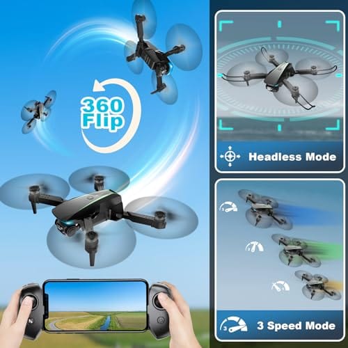 Mini drone avec caméra - Drone pliable HD 1080P avec vol stationnaire stable, contrôle de la gravité, suivi automatique, vol de trajectoire, objectif réglable à 90°, décollage à une touche, 2 batteries, drones pour adultes et enfants 