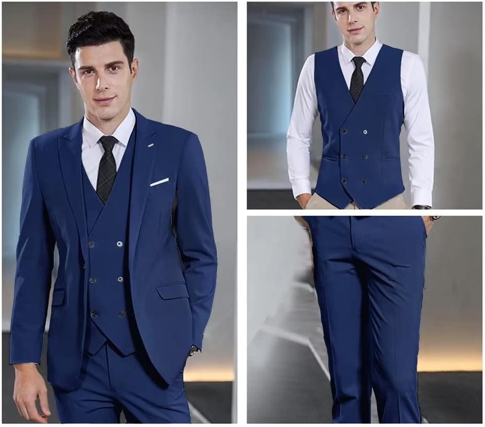 Wangyue Men's Suit Slim Fit 3 Piece Suit Double Breasted Suit One Button Formal Wedding Prom Suits