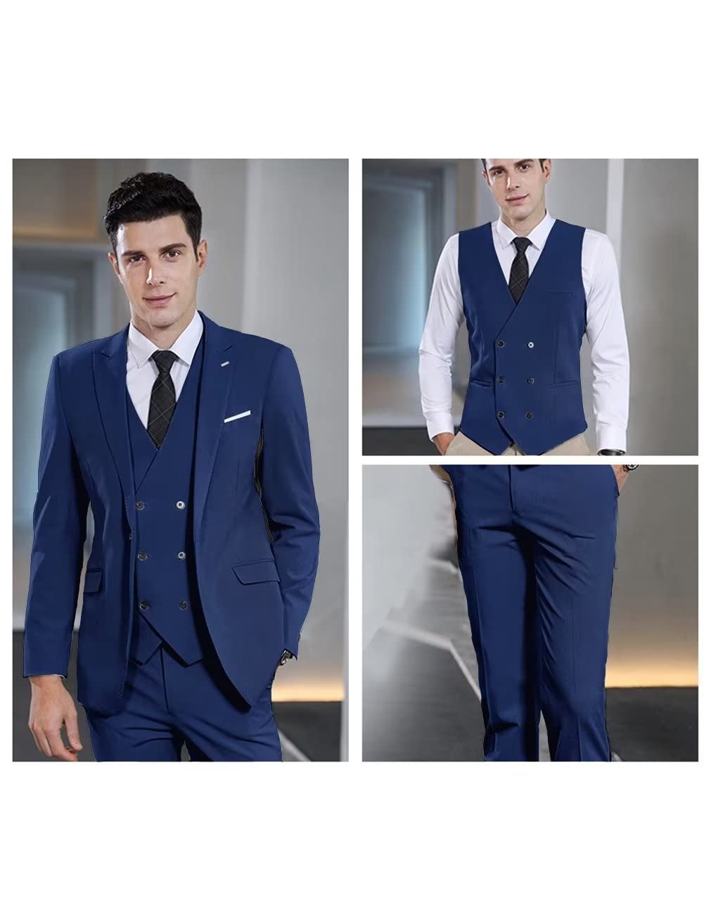 Wangyue Men's Suit Slim Fit 3 Piece Suit Double Breasted Suit One Button Formal Wedding Prom Suits