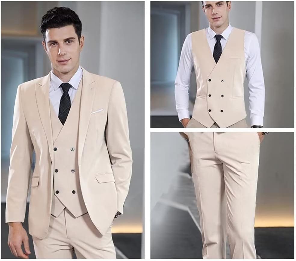 Wangyue Men's Suit Slim Fit 3 Piece Suit Double Breasted Suit One Button Formal Wedding Prom Suits