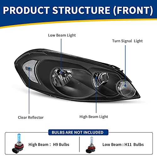 AUTOSAVER88 Conjunto de faros delanteros compatible con Chevy Impala 06 07 Chevy Monte Carlo 2006-2013, luz de conducción de repuesto, carcasa cromada, reflector ámbar, lente transparente 