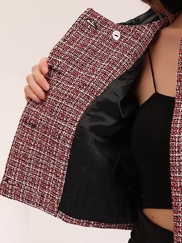 Allegra K Tweed Plaid Blazer for Women's Contrast Collar Double Breasted Vintage Cropped Jackets