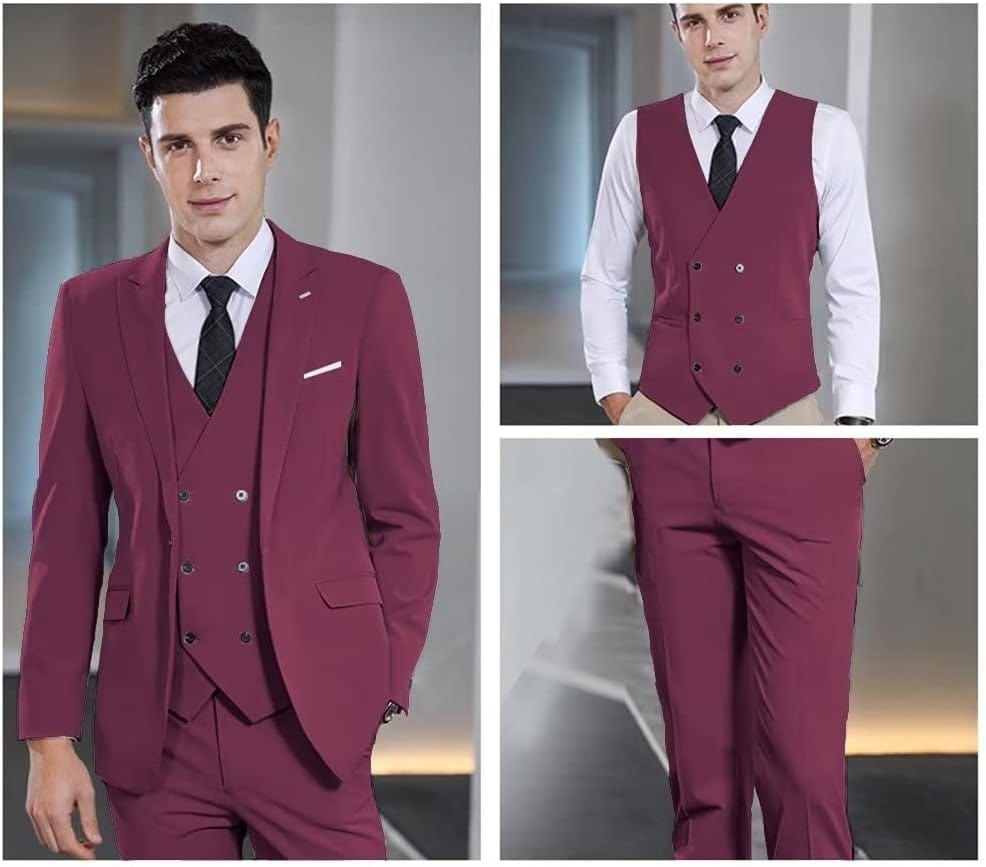 Wangyue Men's Suit Slim Fit 3 Piece Suit Double Breasted Suit One Button Formal Wedding Prom Suits