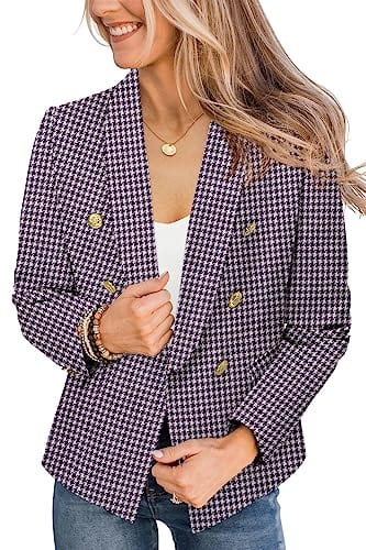 CRAZY GRID Chaqueta casual para mujer con botones dorados, manga larga, para trabajo, oficina, solapa, frente abierto