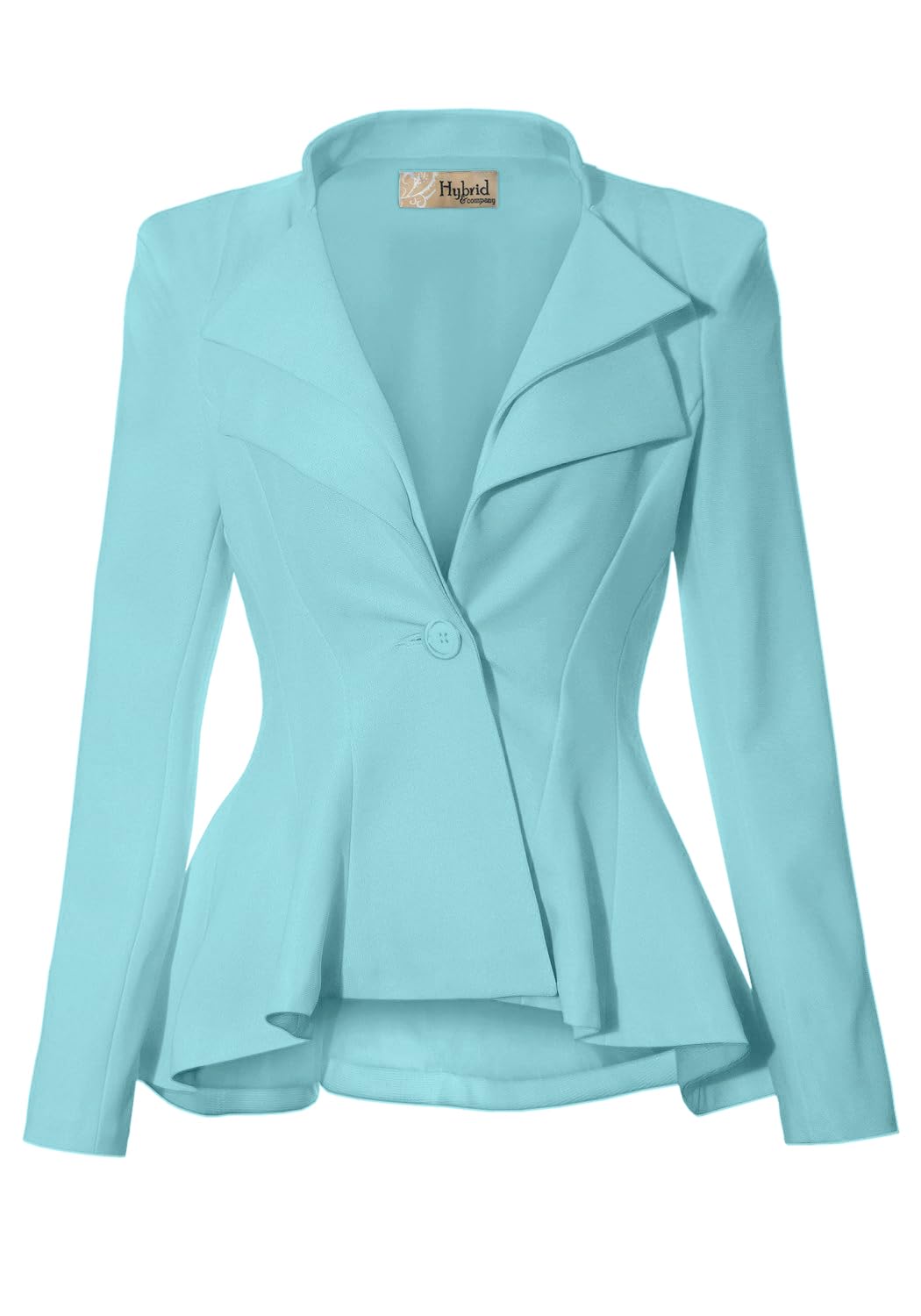 Hybrid & Company Women's Casual Work Office Dressy Double Notch Lapel Sharp Shoulder Pad Single Button Peplum Comfy Blazer