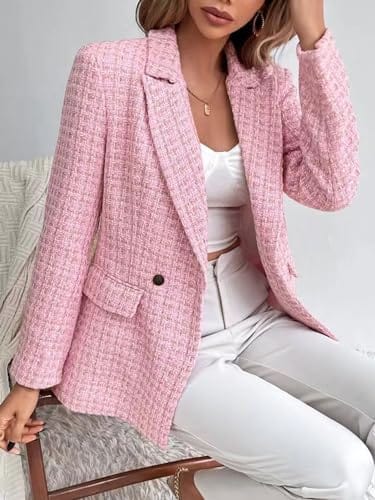 chouyatou Chaqueta de tweed de doble botonadura para mujer, chaqueta informal de negocios, trajes de trabajo de oficina 