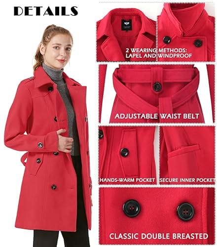 GGleaf Women's Classic Double Breasted Pea Coat Winter Mid-Long Slim Trench Coat with Belt