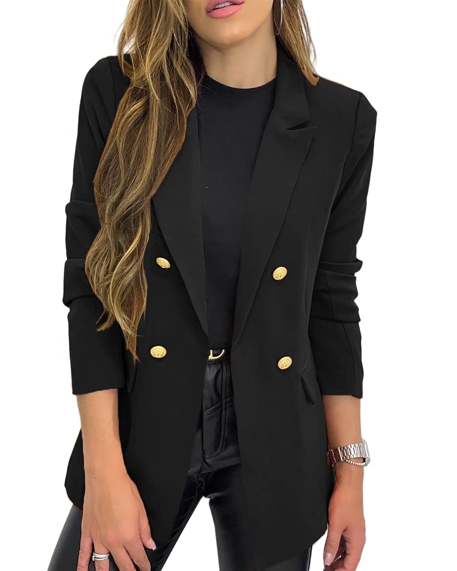 Hdieso Chaqueta tipo blazer con botones de solapa y manga larga para mujer, color sólido, informal 