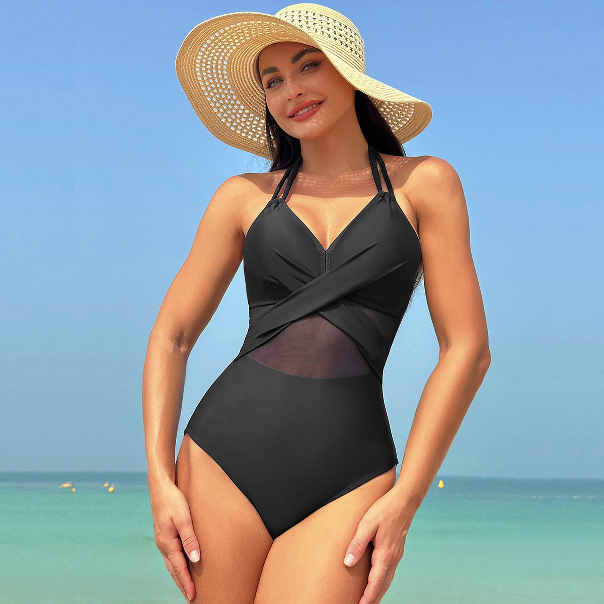 Traje de baño de una pieza con cuello Halter, Bikini de malla con diseño de tiras cruzadas de Color sólido para verano, ropa para vacaciones en la playa