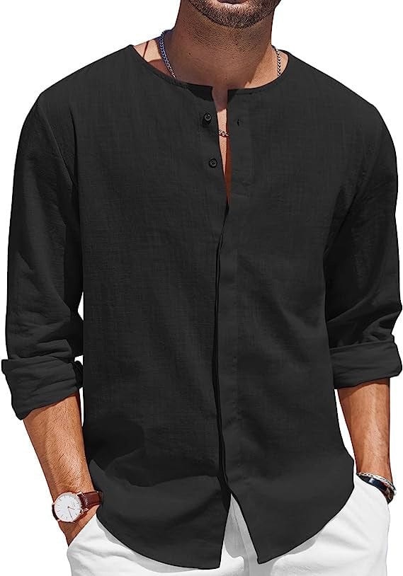 Camiseta de lino y algodón para hombre, cuello decorado con botones, camisa de playa informal