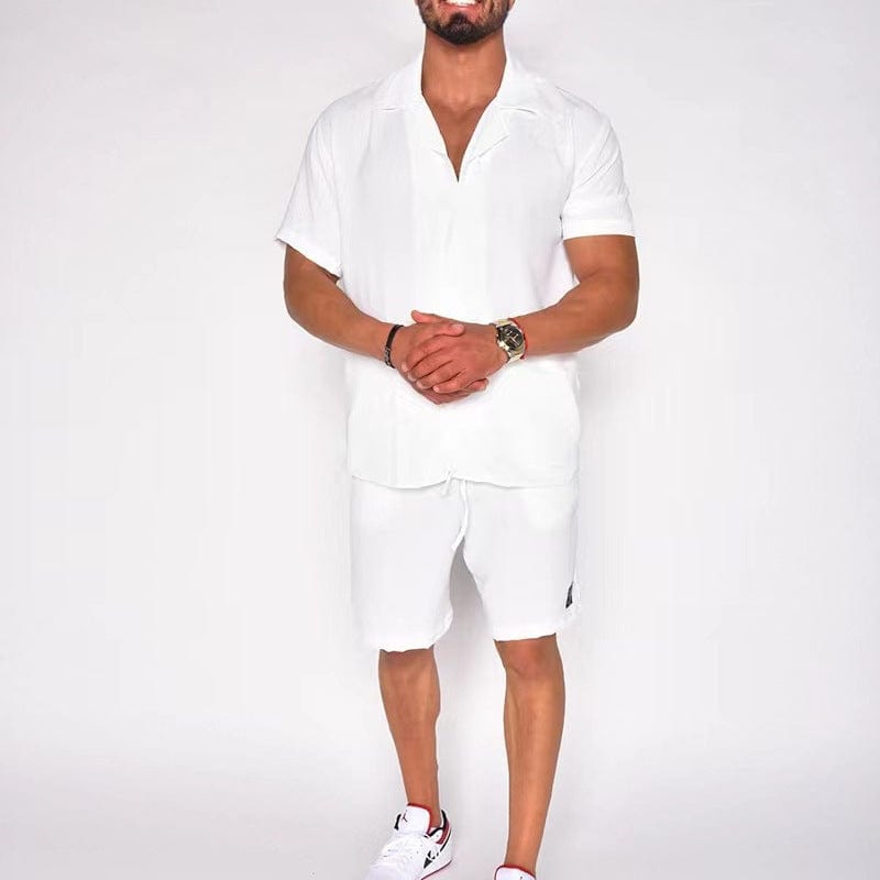 Men's Summer Lapels Cotton Linen Solid Color Short Sleeve Shorts Suit