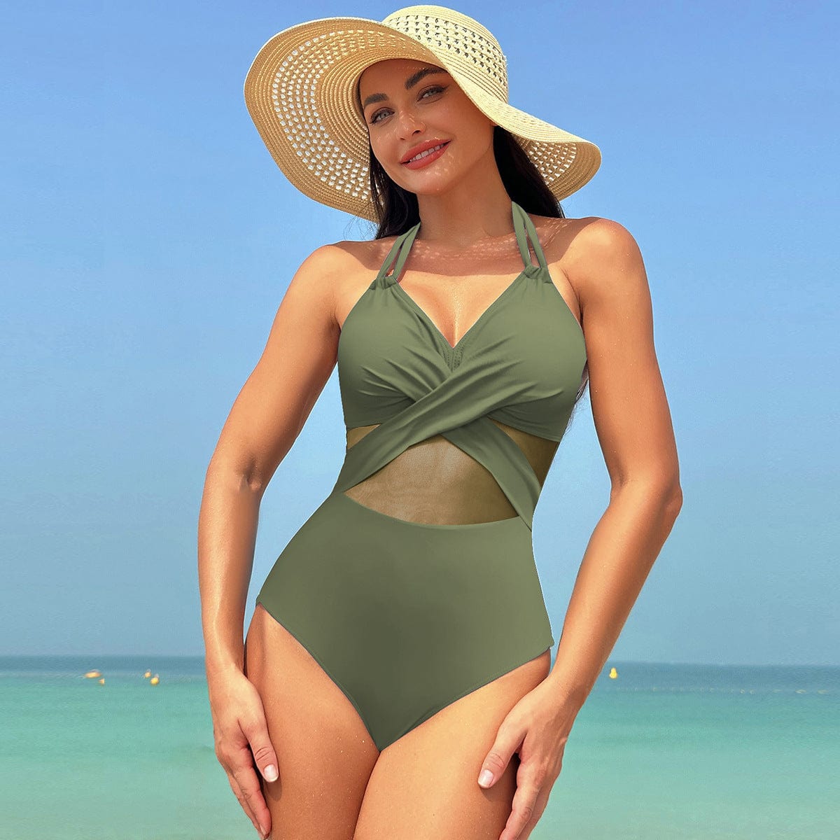 Maillot de bain une pièce à col licou, couleur unie, Design à bretelles croisées, en maille, Bikini, vêtements de plage, vacances, été