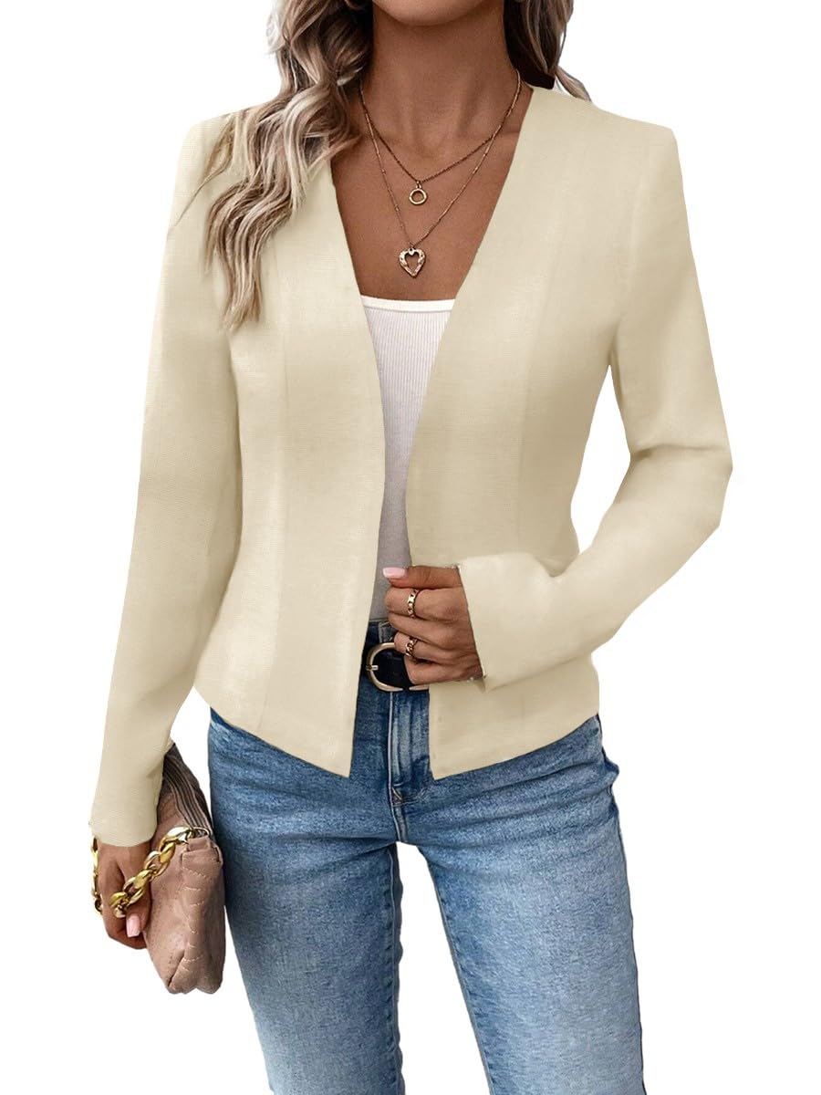 Mina Self 2024 Blazer corto sin cuello de verano, ligero, totalmente forrado, frente abierto, elegante, chaquetas de oficina de trabajo pequeñas 