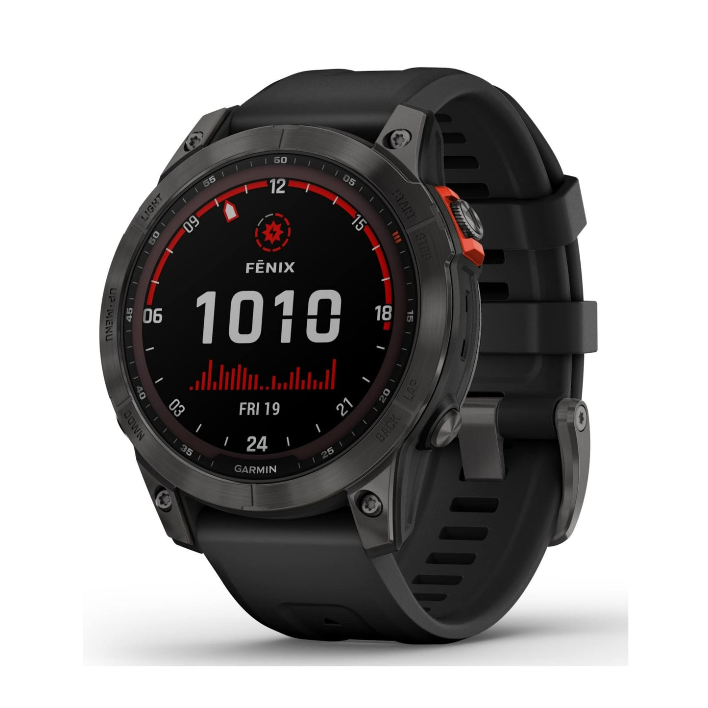 Garmin fenix 7S, smaller sized adventure smartwatch, rugged outdoor watch with GPS, touchscreen, health and wellness features, silver with graphite band, 010-02539-00