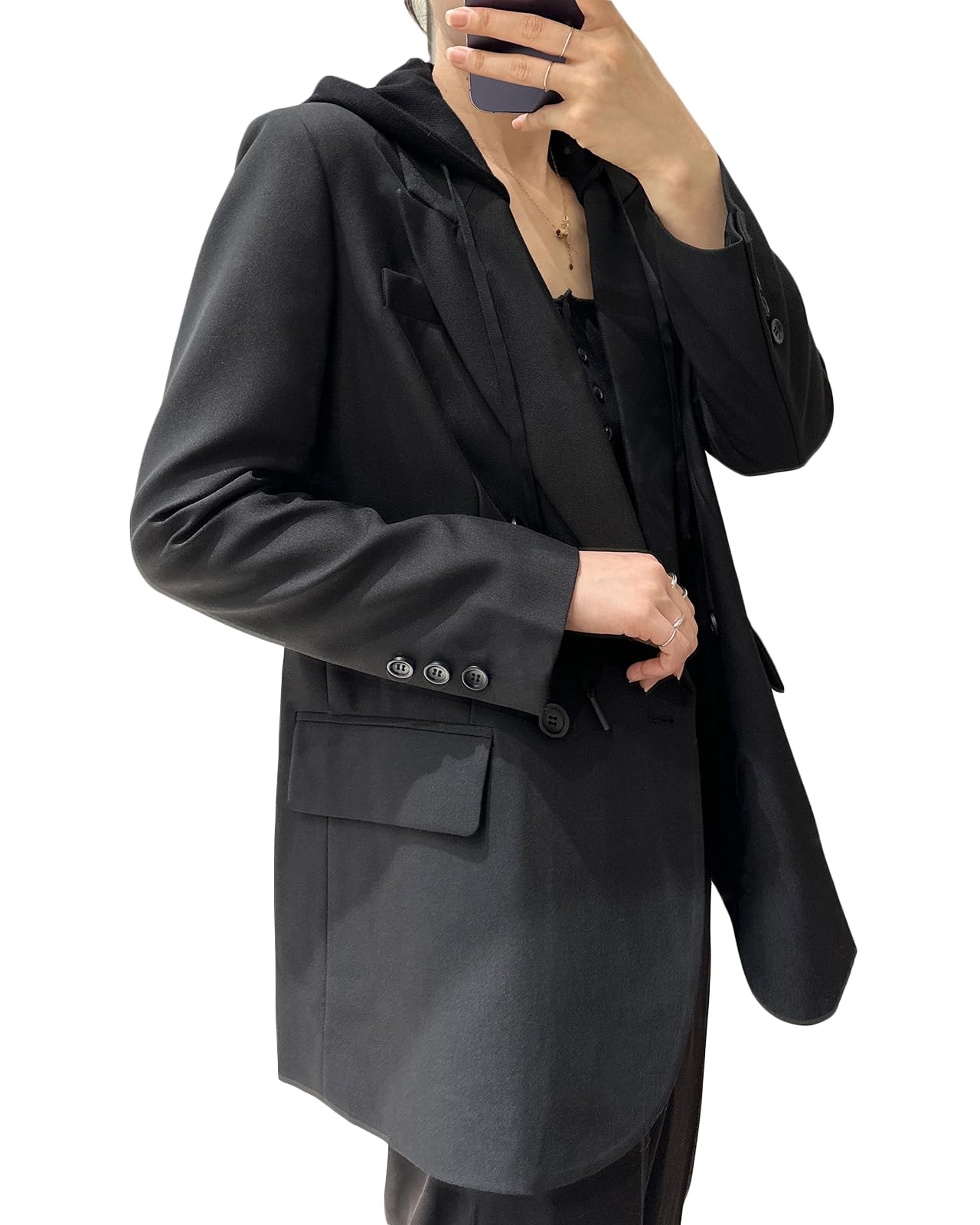 Mina Self Oversize Blazer Jacket for Women Hooded 2024 New Four Seasons Plus Size Casual Open Front Work Office Suit (XS-XXL)