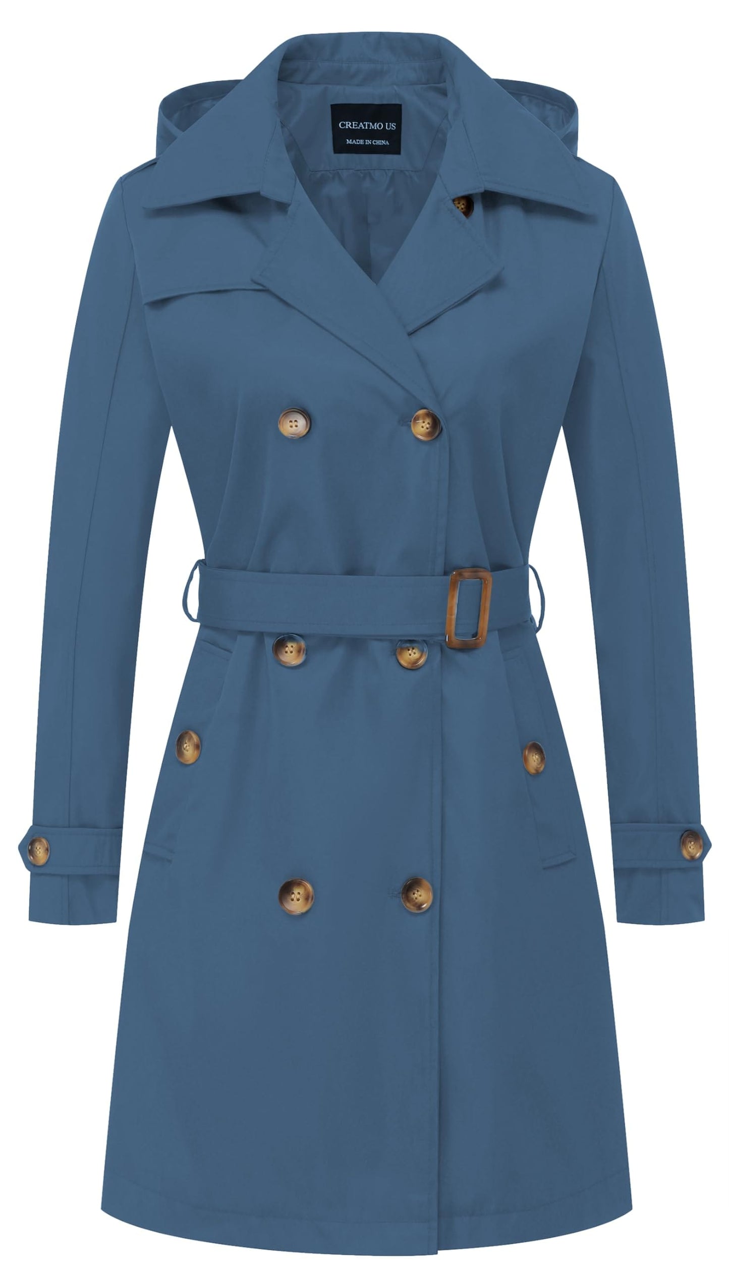 CREATMO US Trench Long Femme Double Boutonnage Classique Revers Pardessus Ceinturé Mince Manteau d'extérieur avec Capuche Amovible