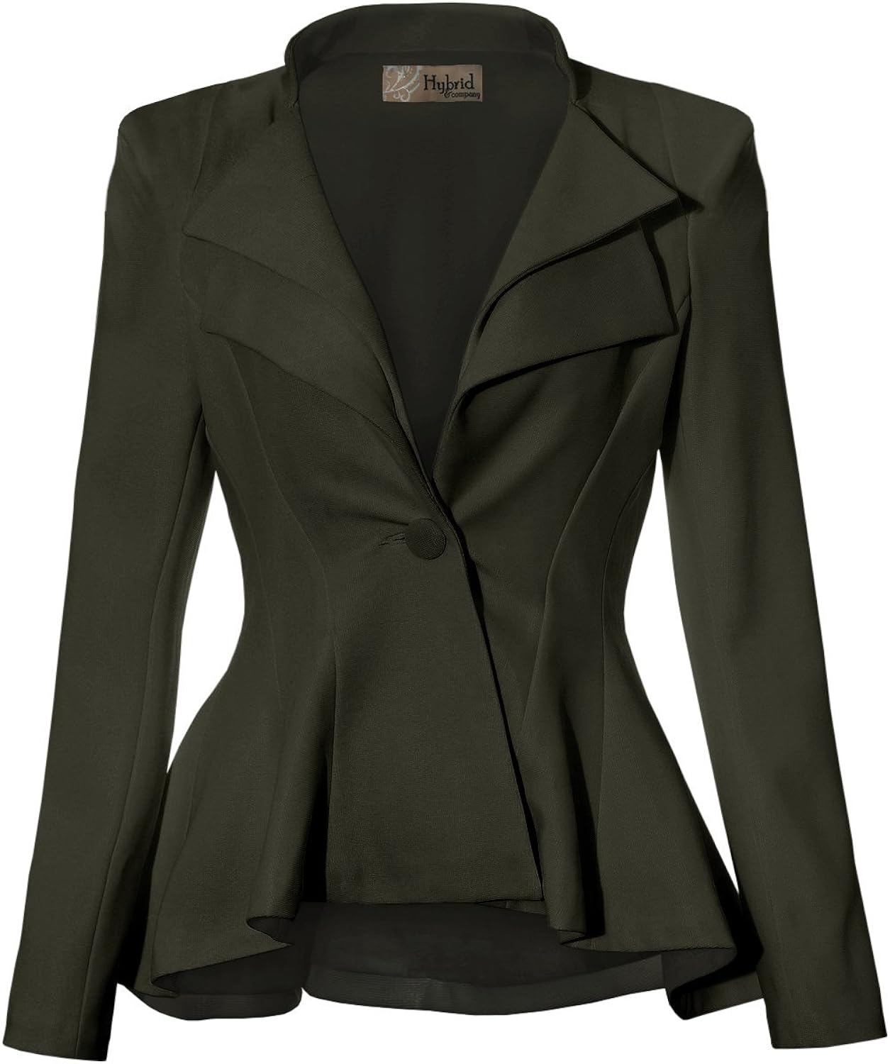 Hybrid & Company Women's Casual Work Office Dressy Double Notch Lapel Sharp Shoulder Pad Single Button Peplum Comfy Blazer