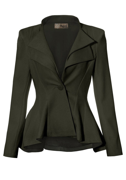 Hybrid & Company Women's Casual Work Office Dressy Double Notch Lapel Sharp Shoulder Pad Single Button Peplum Comfy Blazer