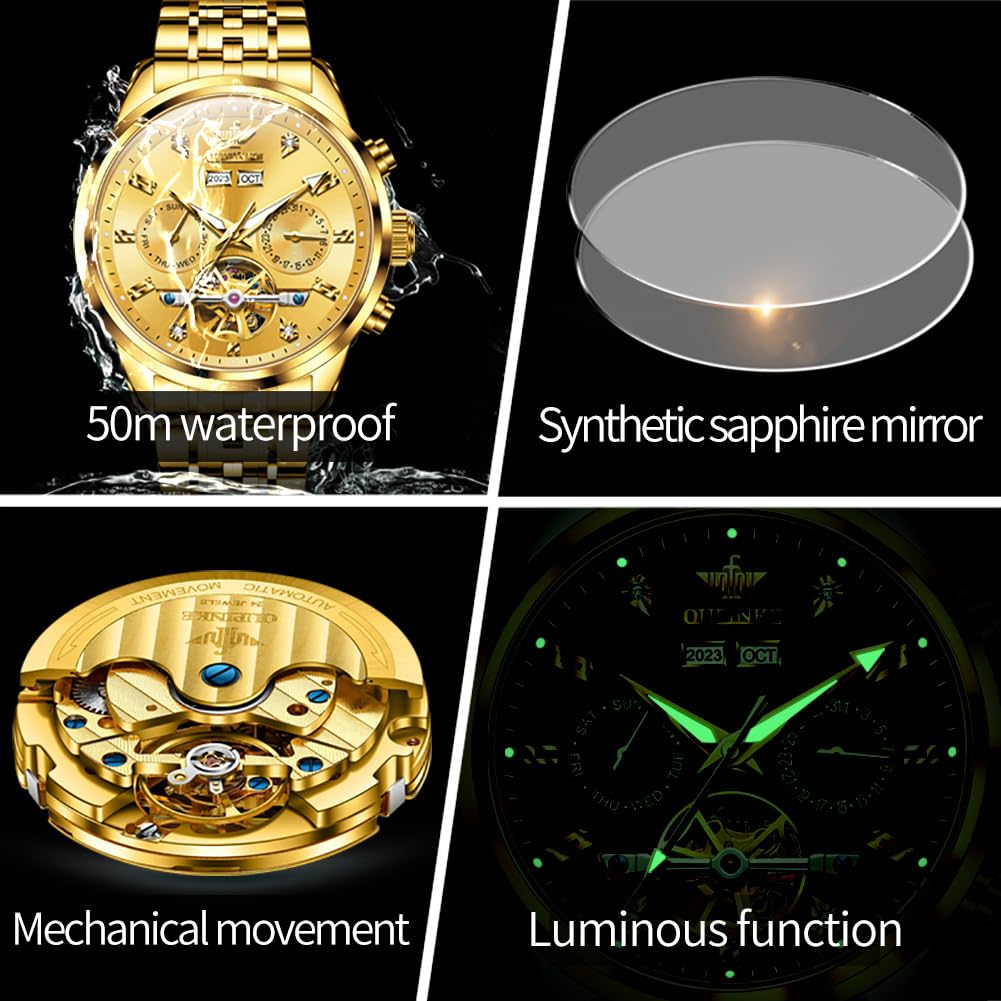 OUPINKE Mens Automatic Watches Diamond Luxury Dress Self Winding Mechanical Waterproof Tungsten Steel Dual Date Wrist Watch