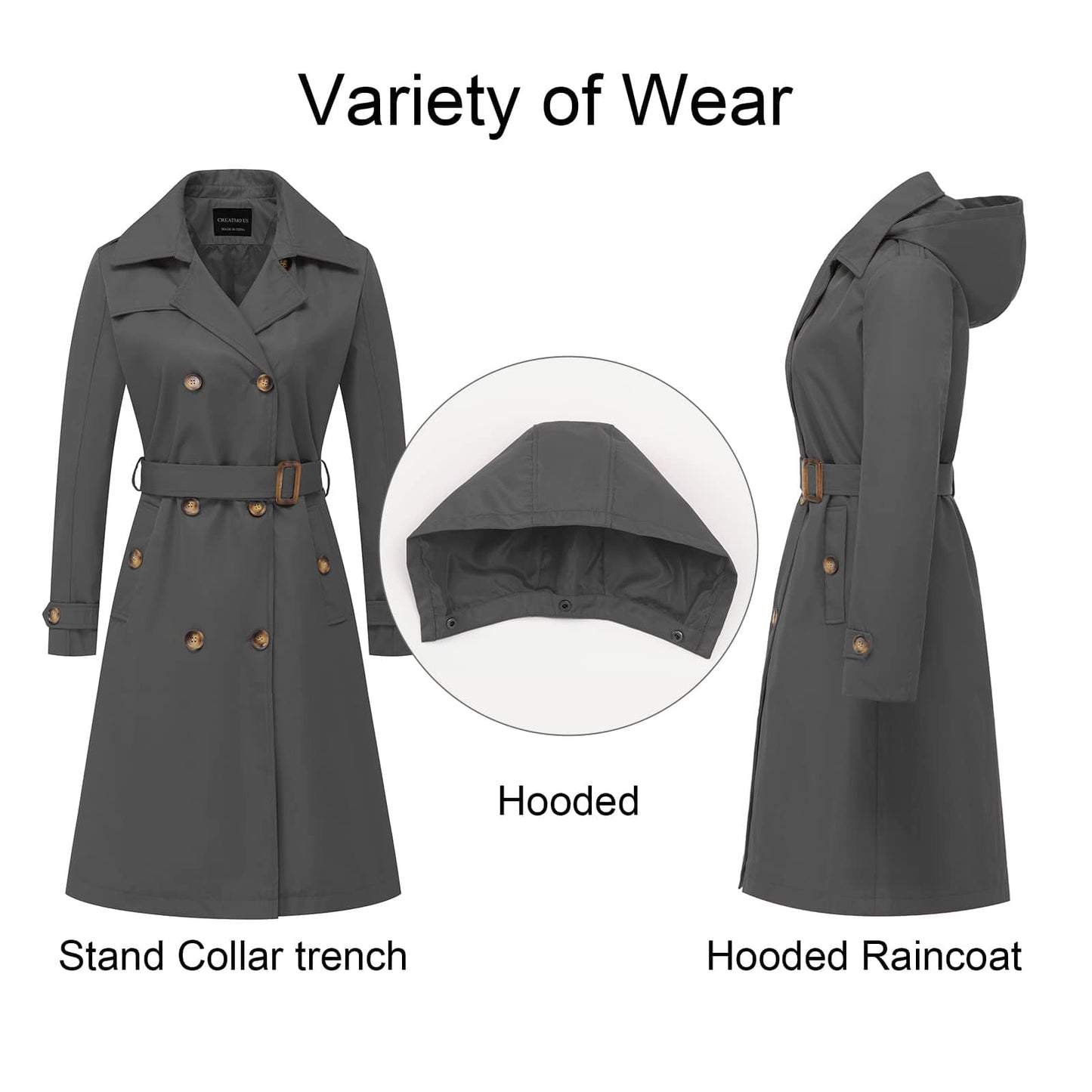 CREATMO US Women's Long Trench Coat Double-Breasted Classic Lapel Overcoat Belted Slim Outerwear Coat with Detachable Hood