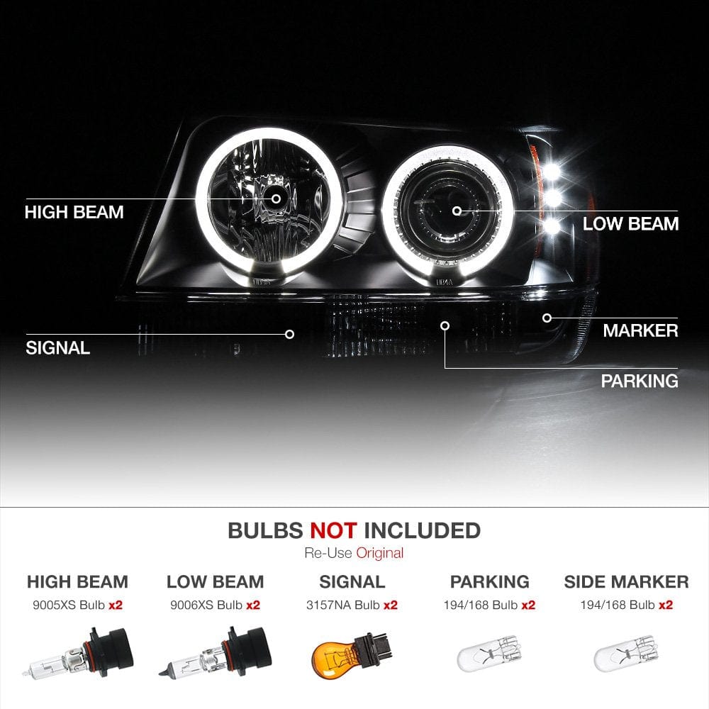 [Para Jeep Grand Cherokee 1999-2004] Anillo de halo LED con carcasa cromada, conjunto de faros delanteros, lado del conductor y del pasajero 