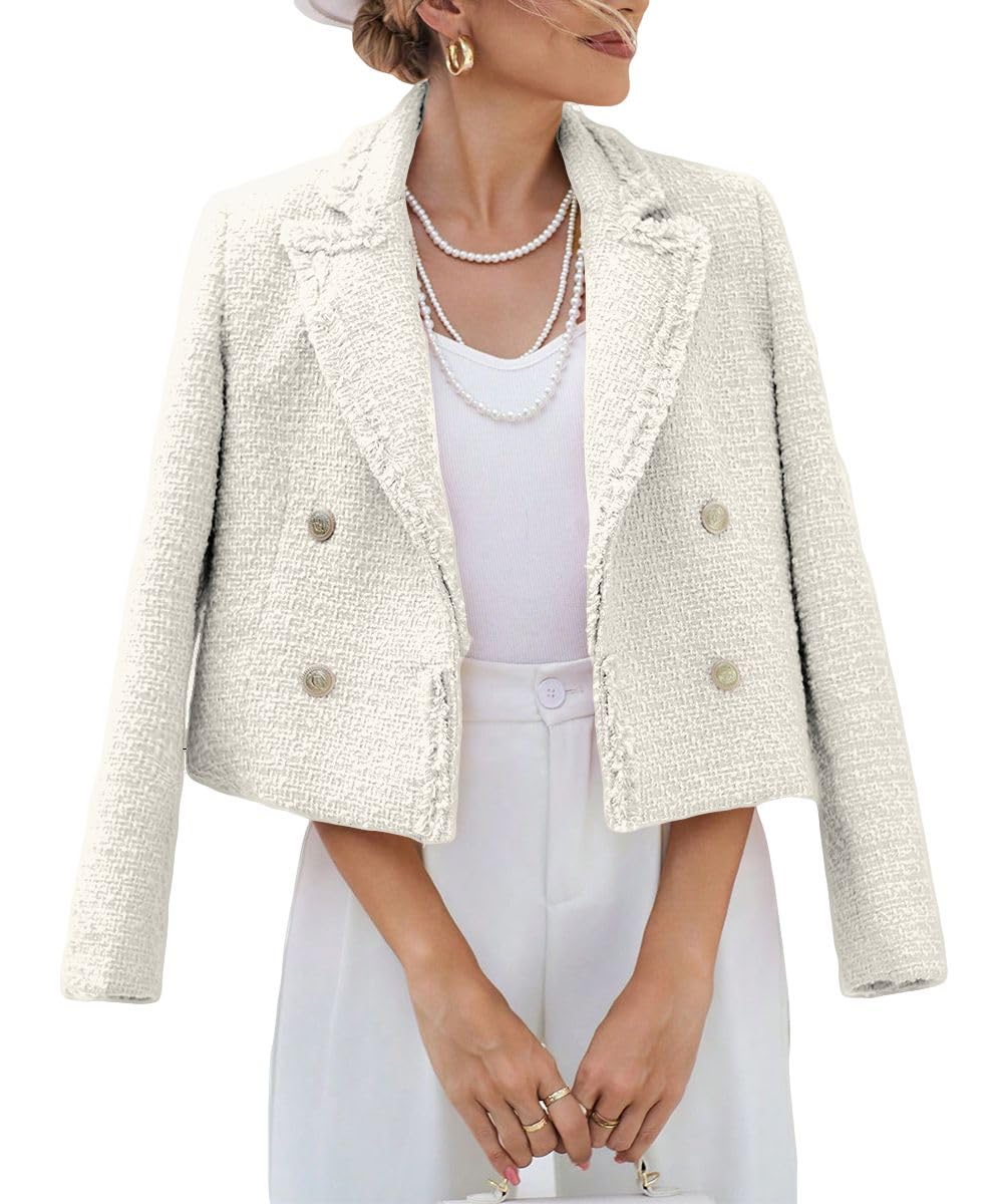 Tweed Blazers Jackets for Women 2024 Spring Fashion Lapel Cropped Elegant Open Front Office Casual Blazer