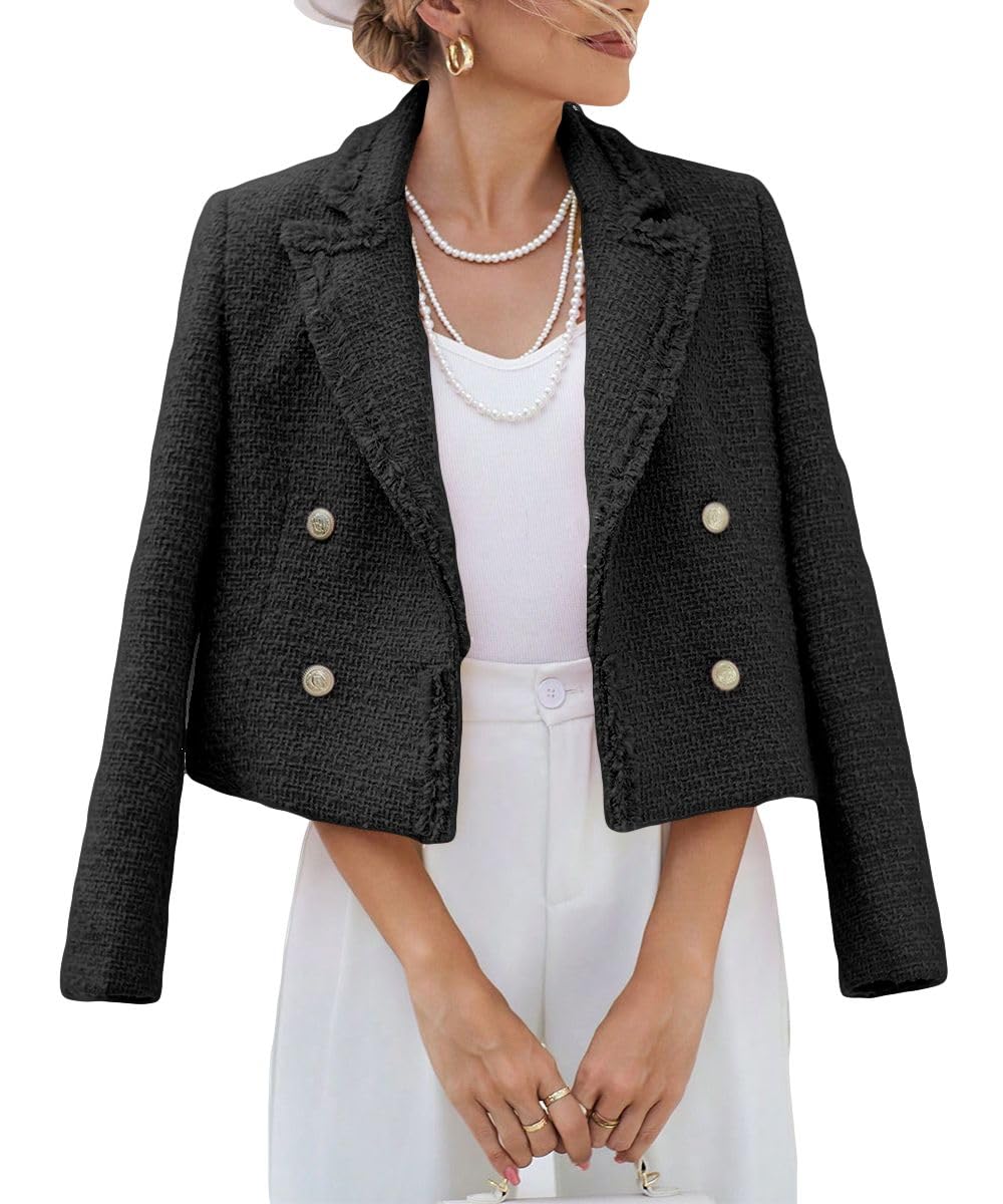 Tweed Blazers Chaquetas para Mujer 2024 Primavera Moda Solapa Recortada Elegante Frente Abierto Oficina Casual Blazer 