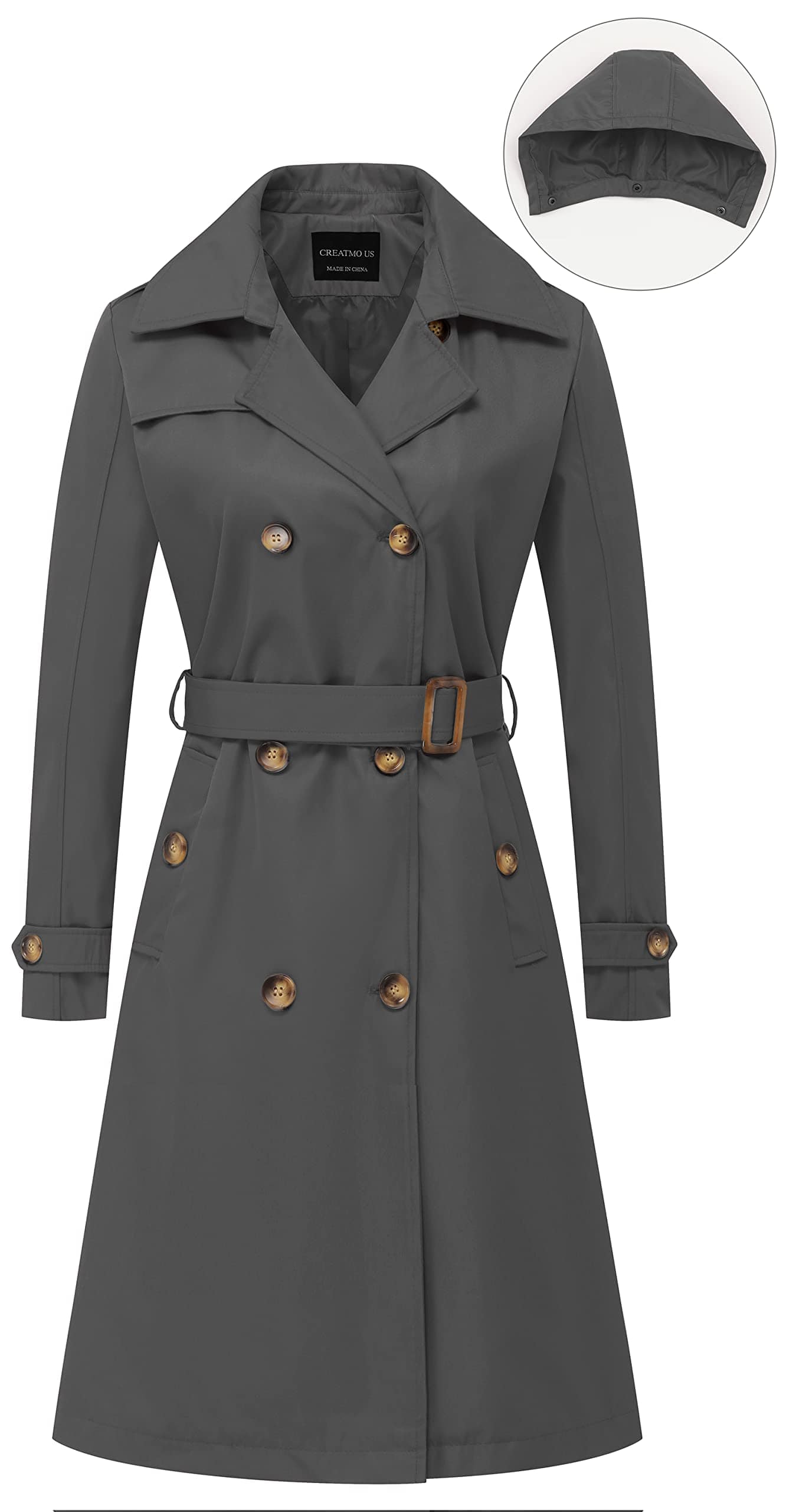 CREATMO US Women's Long Trench Coat Double-Breasted Classic Lapel Overcoat Belted Slim Outerwear Coat with Detachable Hood