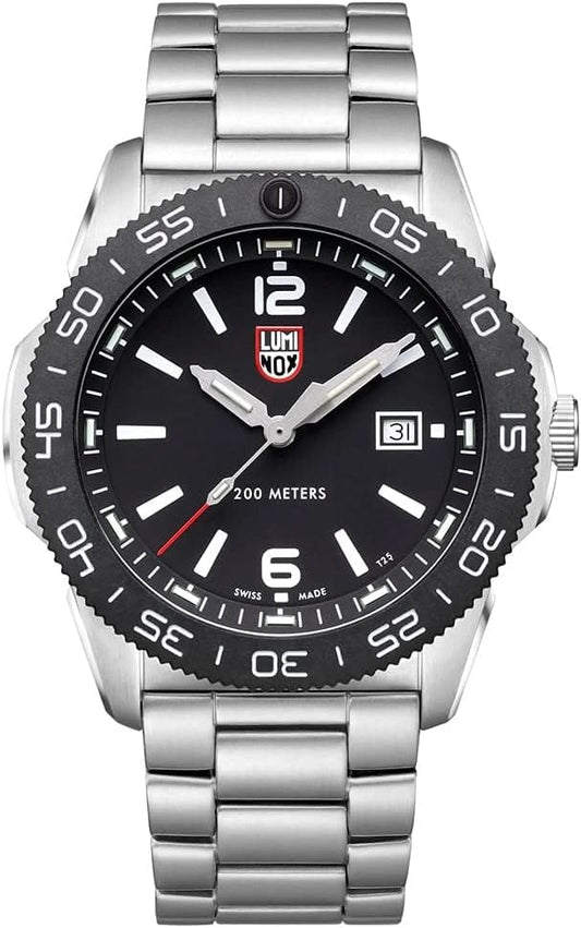 Luminox Navy Seal Pacific Diver Serie 3120 Reloj analógico de cuarzo con esfera negra y banda Oyster de acero inoxidable plateado para hombre 