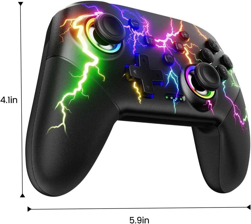 Switch Controller Compatible with Switch/Switch Lite/Switch OLED/Windows/iOS/Android, RGB Lightning Programmable 1000mAh Wireless Switch Pro Controller with One Key Pairing Wake Up Turbo Vibration