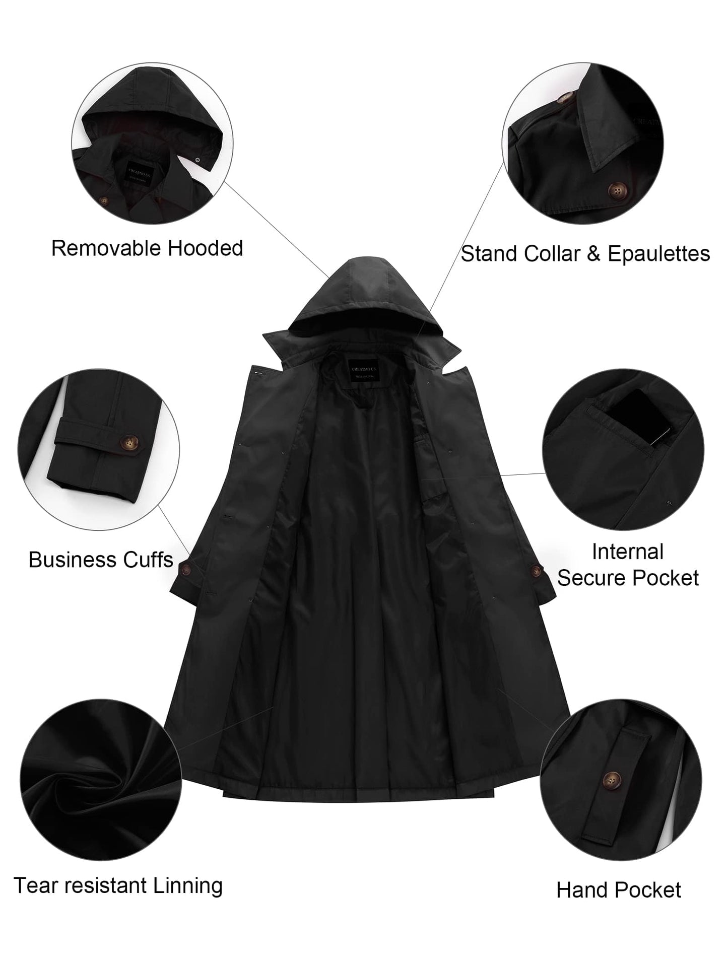 CREATMO US Trench Long Femme Double Boutonnage Classique Revers Pardessus Ceinturé Mince Manteau d'extérieur avec Capuche Amovible