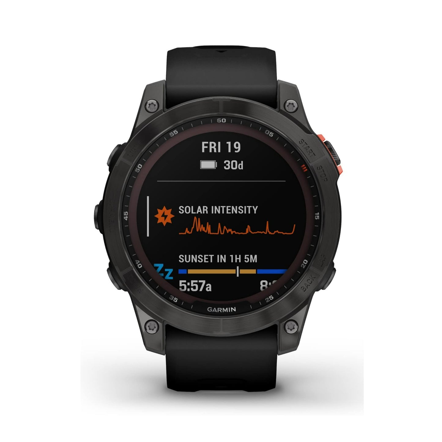 Garmin fenix 7S, smaller sized adventure smartwatch, rugged outdoor watch with GPS, touchscreen, health and wellness features, silver with graphite band, 010-02539-00