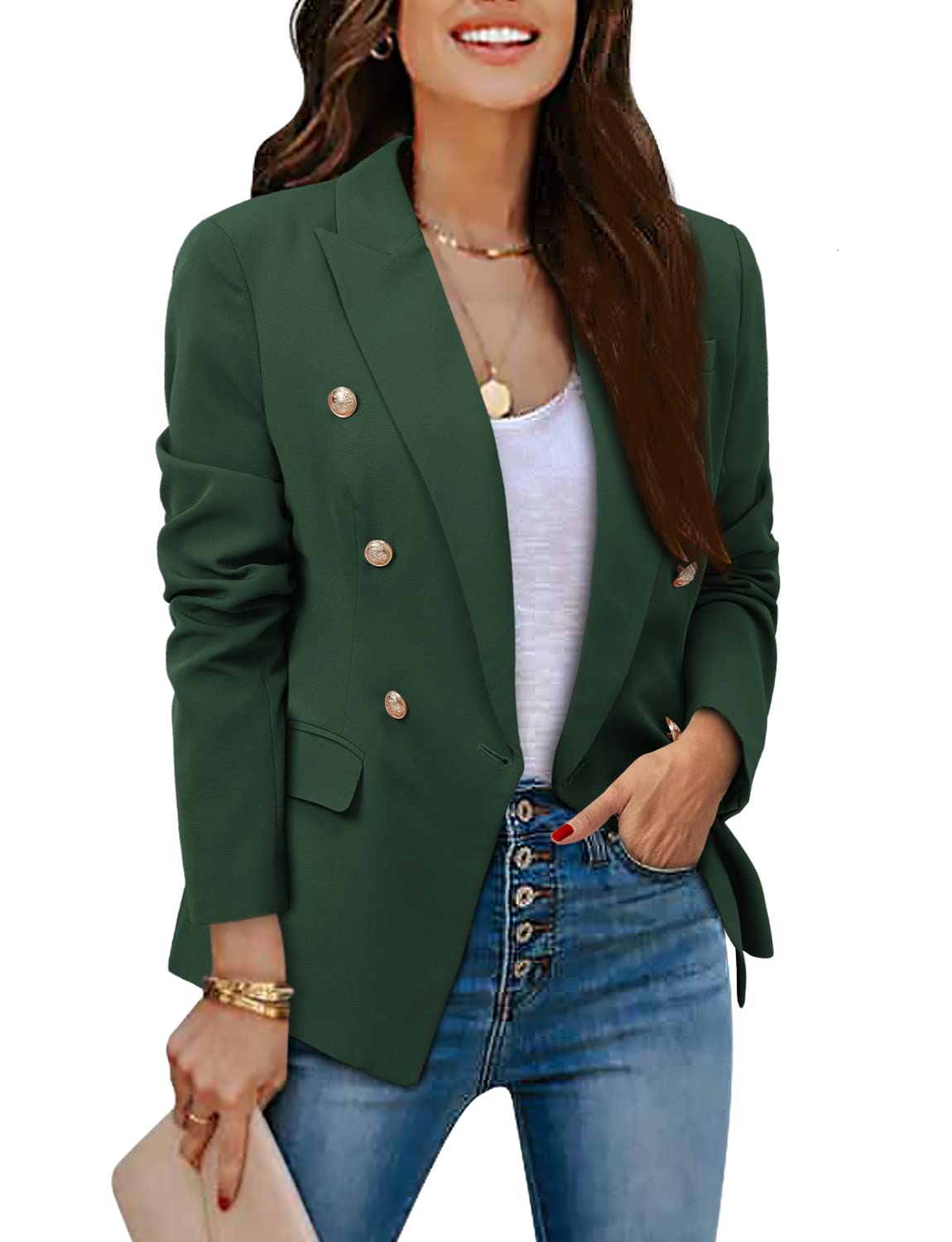 CRAZY GRID Womens Casual Blazer Jacket Gold Button Long Sleeve Work 0ffice Blazer Lapel Open Front Jacket