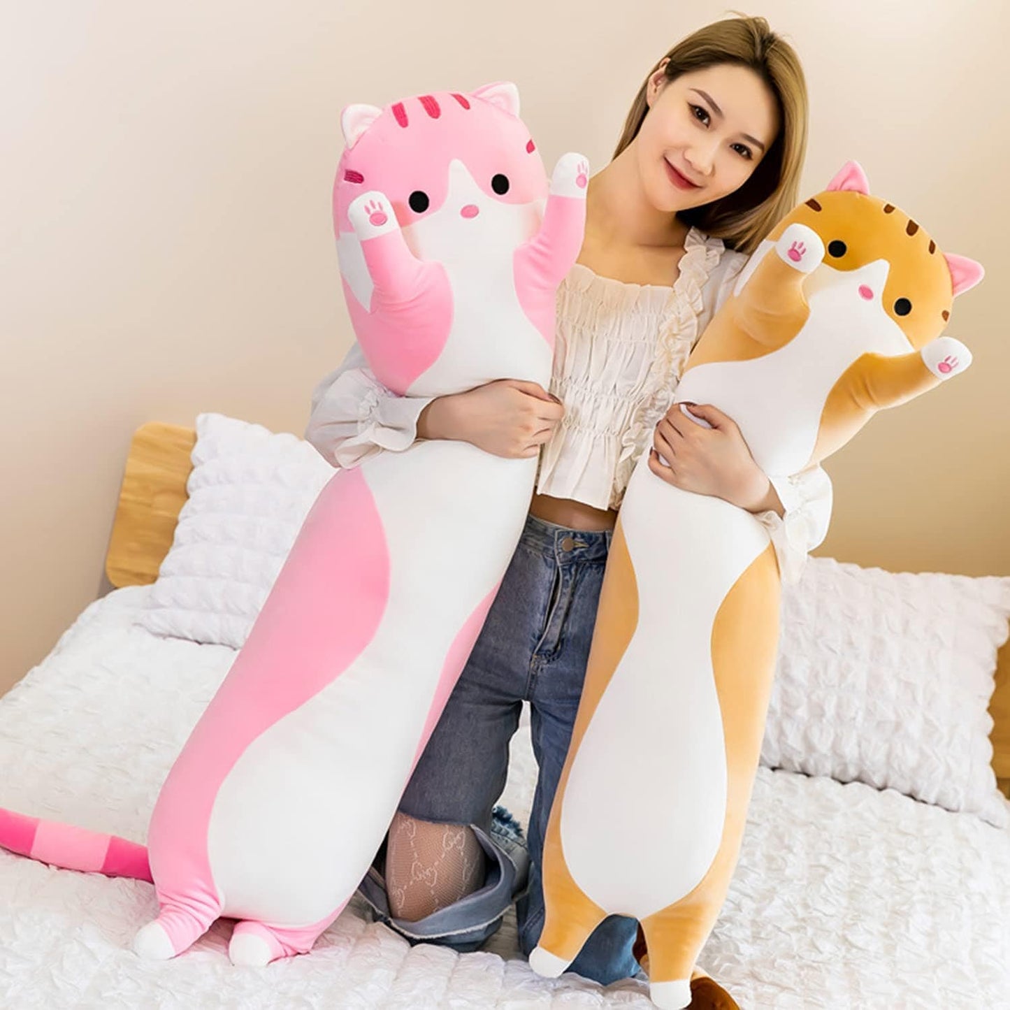 Giant Cat Pillow Plush Cartoon Kitty Sleeping Hugging Pillow, Cuddly Soft Long Kitten Body Pillow Doll Cat Cushion Toy for Kids Girlfriend (Pink, 110cm/43.3inch)