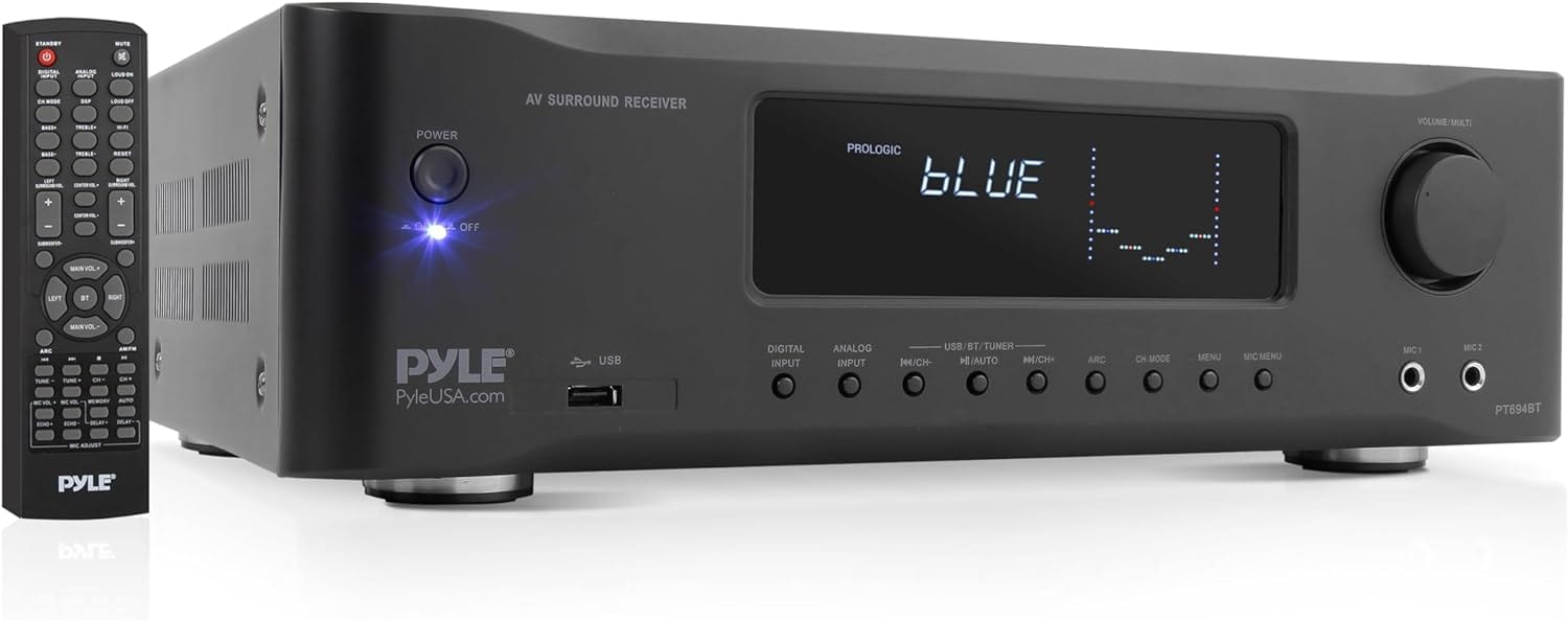 Pyle Amplificateur stéréo Bluetooth Hi-Fi 5,2 canaux – 1000 W AV Home Speaker Caisson de basses Récepteur sonore avec radio, USB, RCA, HDMI, entrée micro, streaming sans fil, prend en charge la télévision 4K UHD, 3D, Blu-Ray -PT694BT 