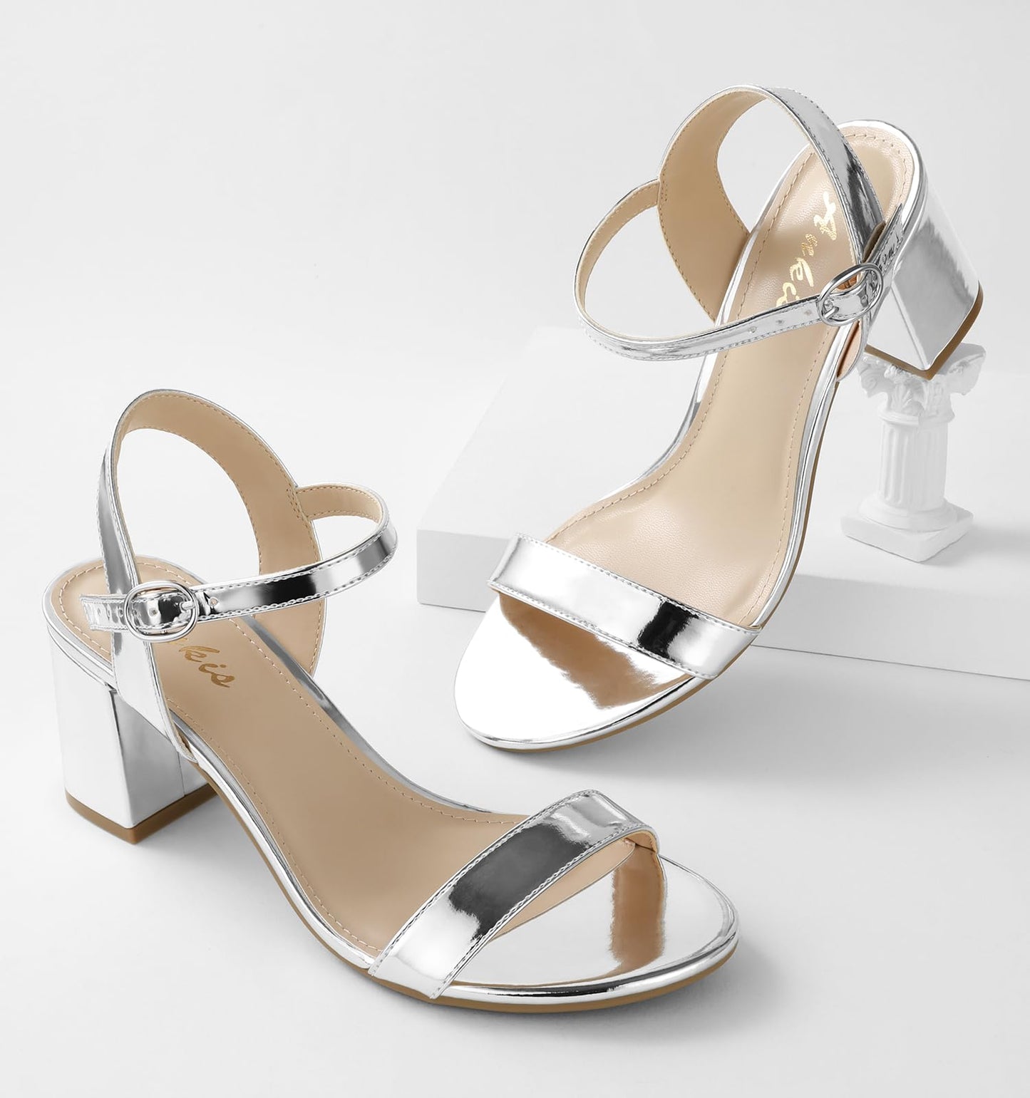 Ankis Tacones Negros Desnudos, Bloque De 2.5 '' Tacón Grueso Blanco Claro Plateado Tacones De Punta Abierta Elegantes Para Mujer Correa De Tobillo Bajo Corto Vestido De Tiras Grueso Sandalia Cómoda Fiesta Informal Boda Evento Zapatos De Verano 