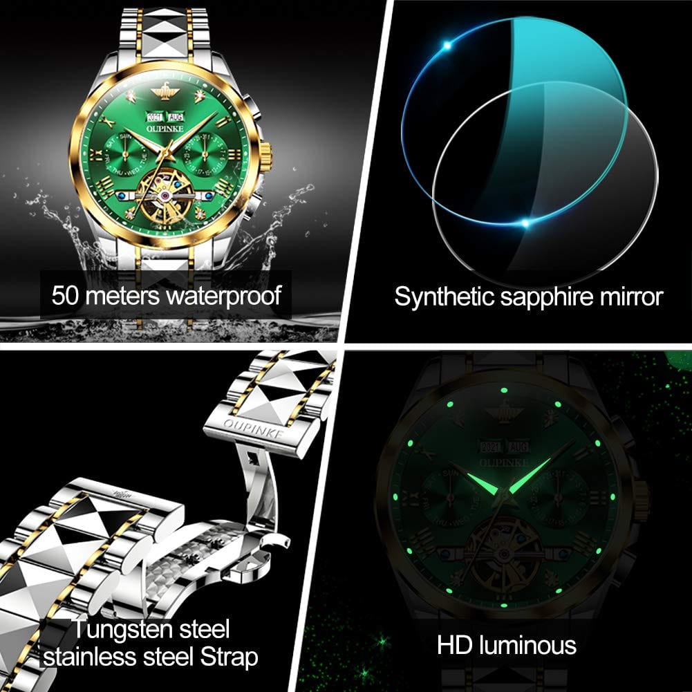 OUPINKE Reloj para hombre Automático 44 mm Esfera grande Correa de acero de tungsteno Fecha Resistente al agua Cristal de zafiro de lujo 