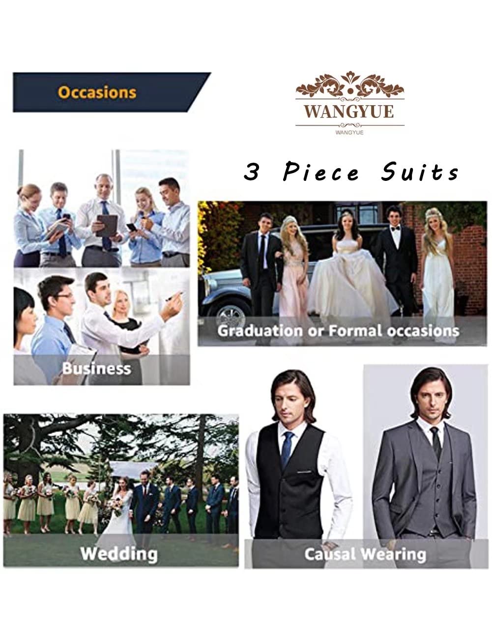 Wangyue Men's Suit Slim Fit 3 Piece Suit Double Breasted Suit One Button Formal Wedding Prom Suits