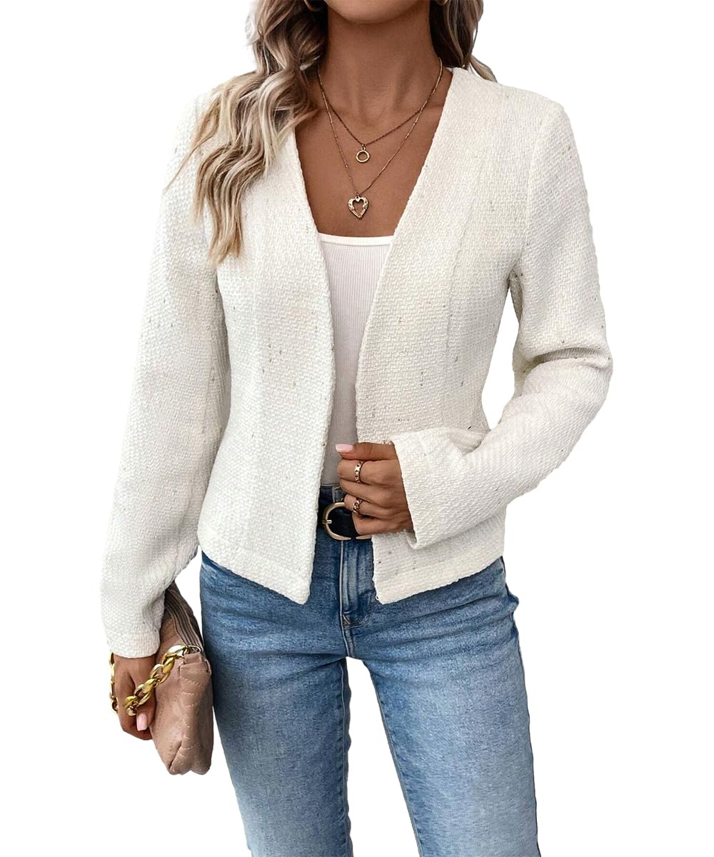 Mina Self 2024 Blazer corto sin cuello de verano, ligero, totalmente forrado, frente abierto, elegante, chaquetas de oficina de trabajo pequeñas 