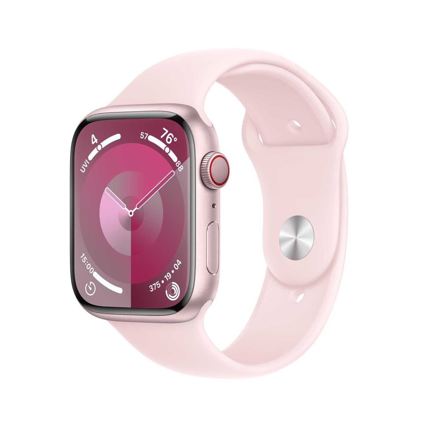 Montre intelligente Apple Watch Series 9 [GPS + Cellular 45 mm] avec boîtier en aluminium rose et bracelet sport rose M/L. Tracker d'activité, applications d'oxygène sanguin et ECG, écran Retina toujours activé (renouvelé) 