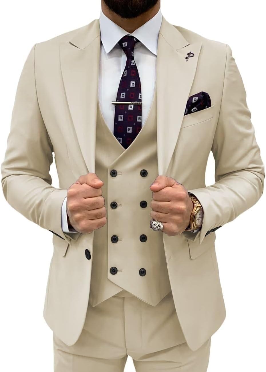 Double Breasted 3 Pieces Suit Men Slim Fit Classic One Button Jacket Blazer Vest Pants Set Formal Wedding Tuxedo