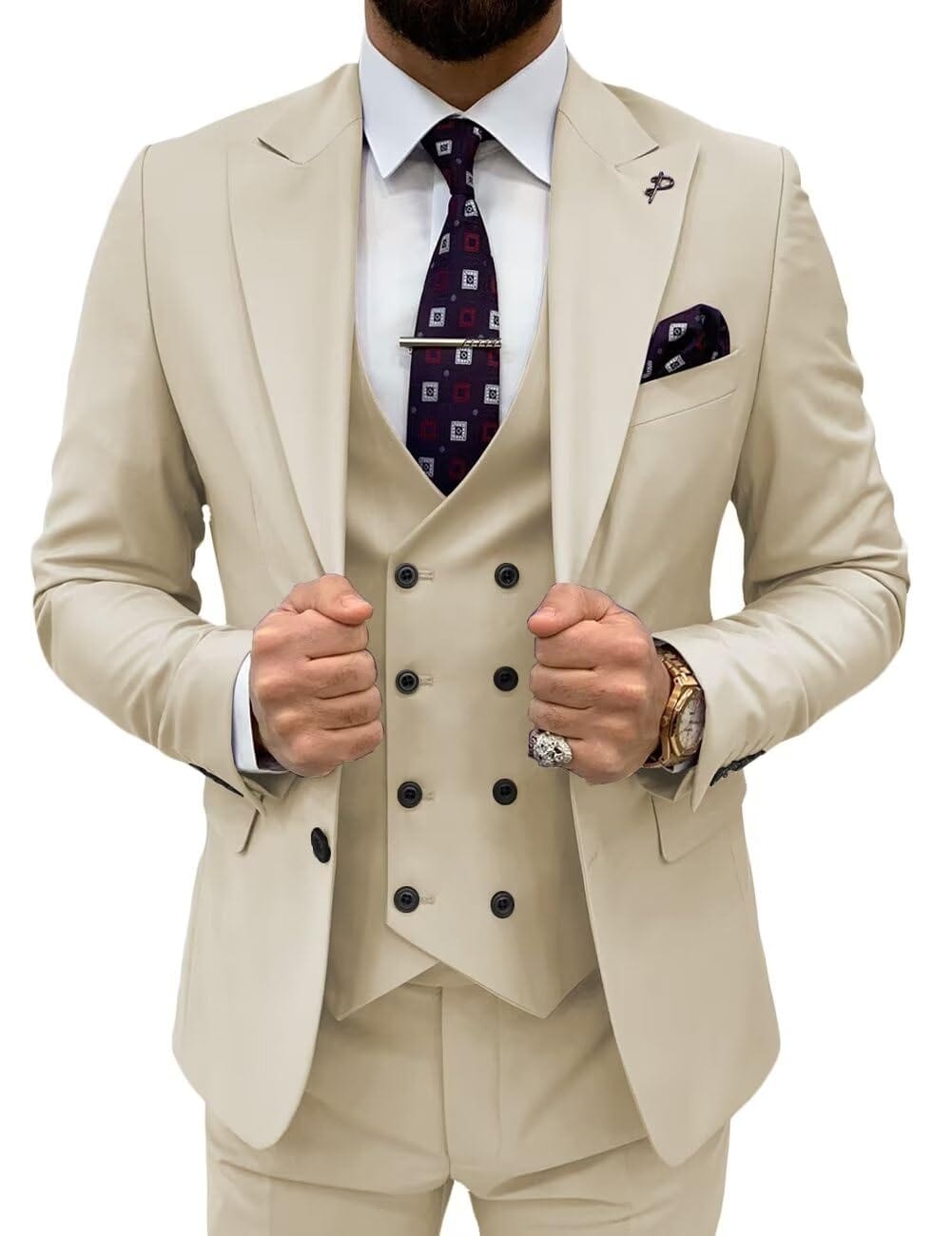 Double Breasted 3 Pieces Suit Men Slim Fit Classic One Button Jacket Blazer Vest Pants Set Formal Wedding Tuxedo