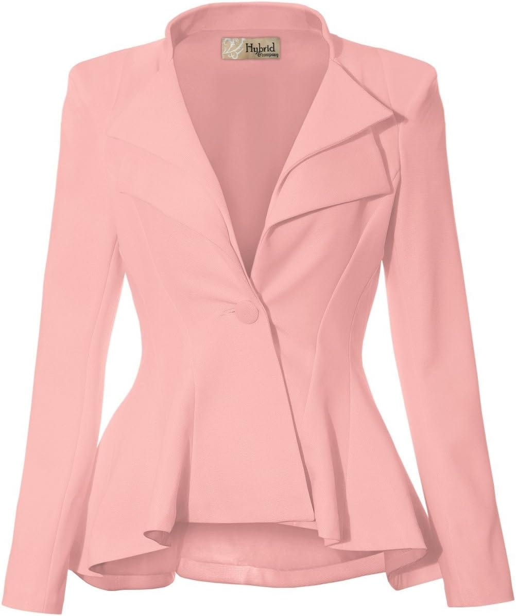 Hybrid & Company Women's Casual Work Office Dressy Double Notch Lapel Sharp Shoulder Pad Single Button Peplum Comfy Blazer