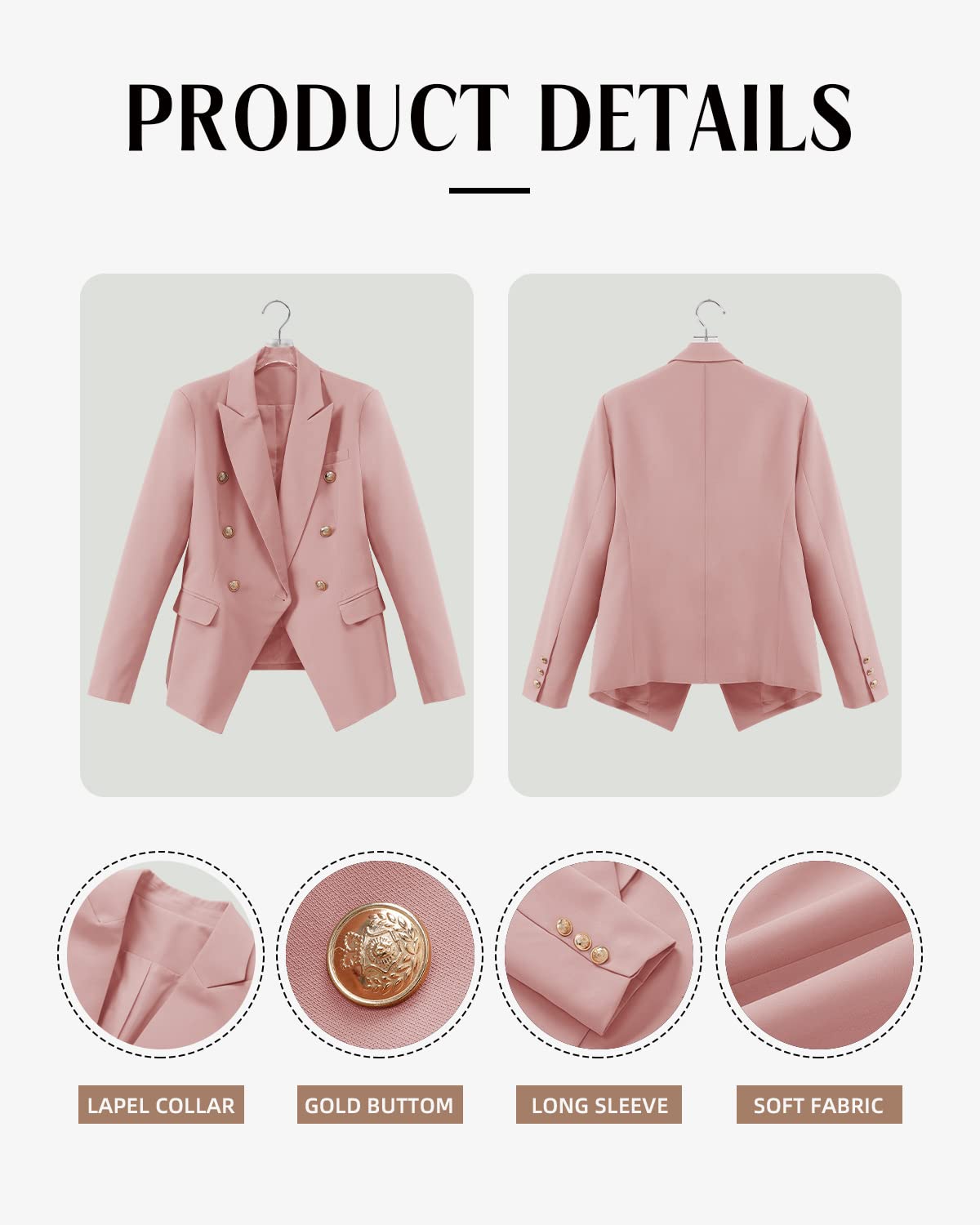 CRAZY GRID Womens Casual Blazer Jacket Gold Button Long Sleeve Work 0ffice Blazer Lapel Open Front Jacket